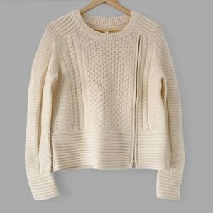 VERONICA BEARD Moto Chunky Cable Knit Fisherman Sweater Zip Wool Pull Over Biker